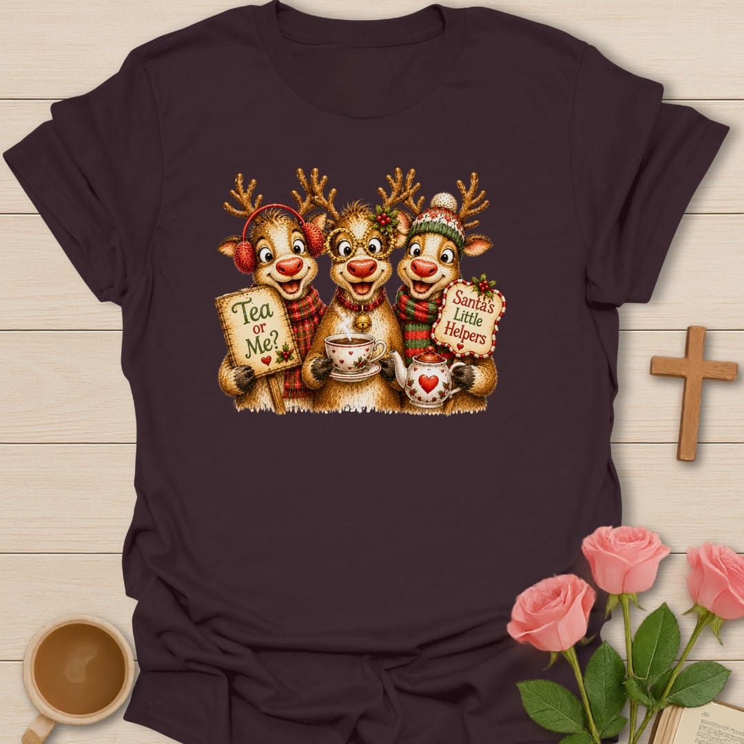 Santa's Little Helpers t-shirt with playful Christmas artwork and faith-inspired design - Dark Chocolate