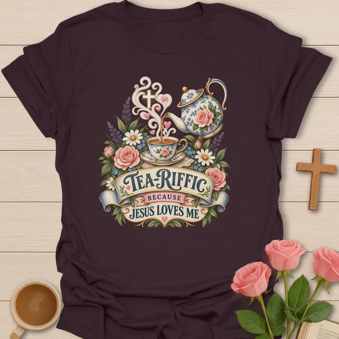 Tea-Riffic t-shirt with playful tea pun lettering and cheerful design - Dark Chocolate