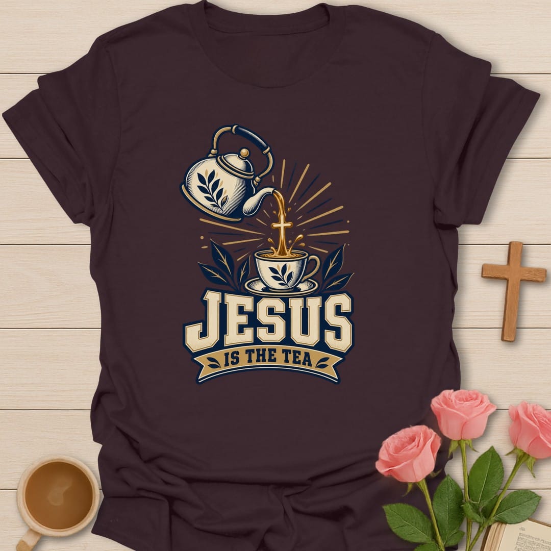Steeped Faith t-shirt with tea steeping lettering and faith-inspired design - Dark Chocolate