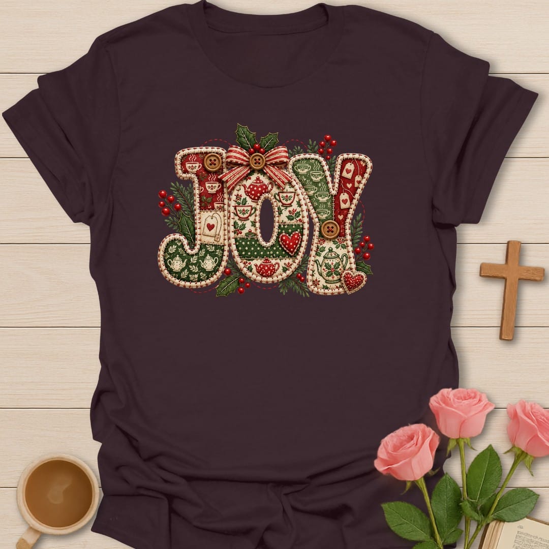 Joy Stitched t-shirt with playful joy lettering and faith-inspired design - Dark Chocolate