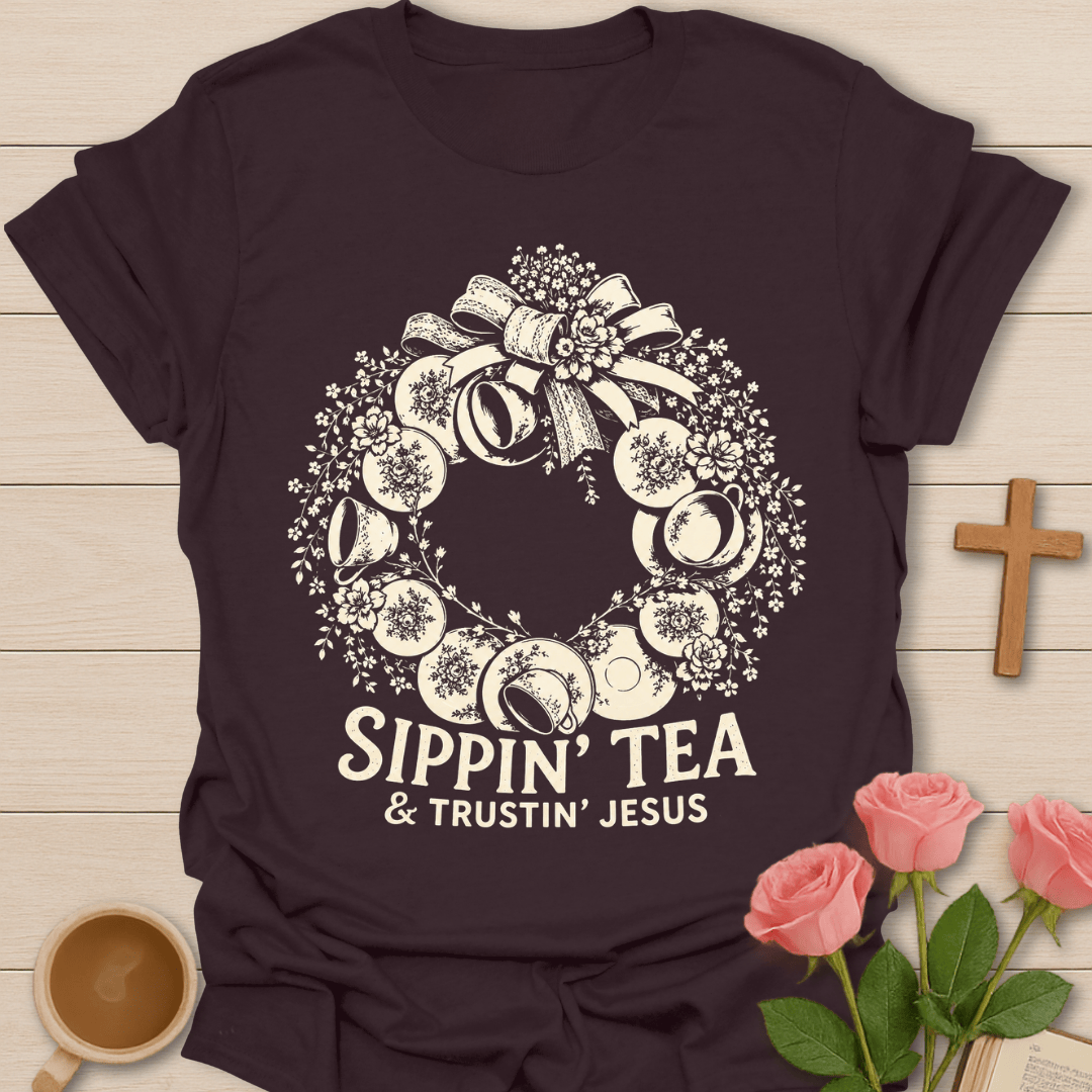 Tea Wreath Faith T-Shirt KozzyCo Christian and tea lover design