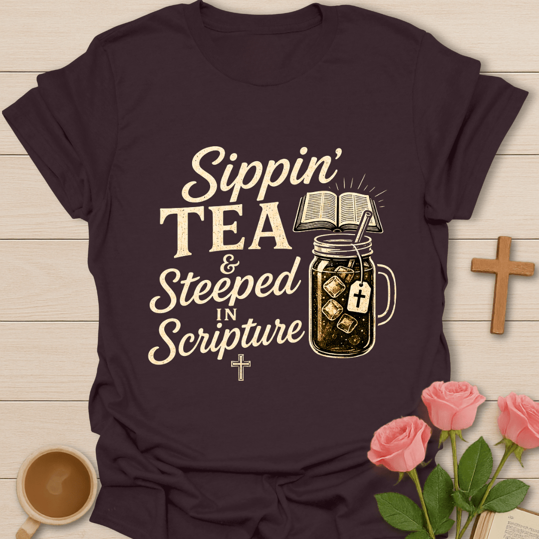 Steeped In Scripture Tea T-Shirt KozzyCo Christian and tea lover design