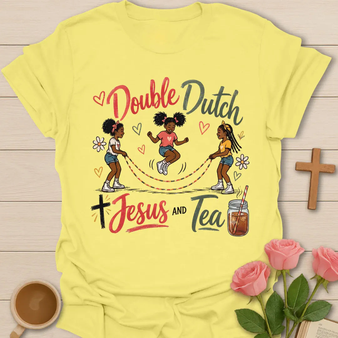 Double Dutch Jesus and Tea shirt with jump rope theme, teacup, faith lettering, hearts, and Christian encouragement design. - Cornsilk