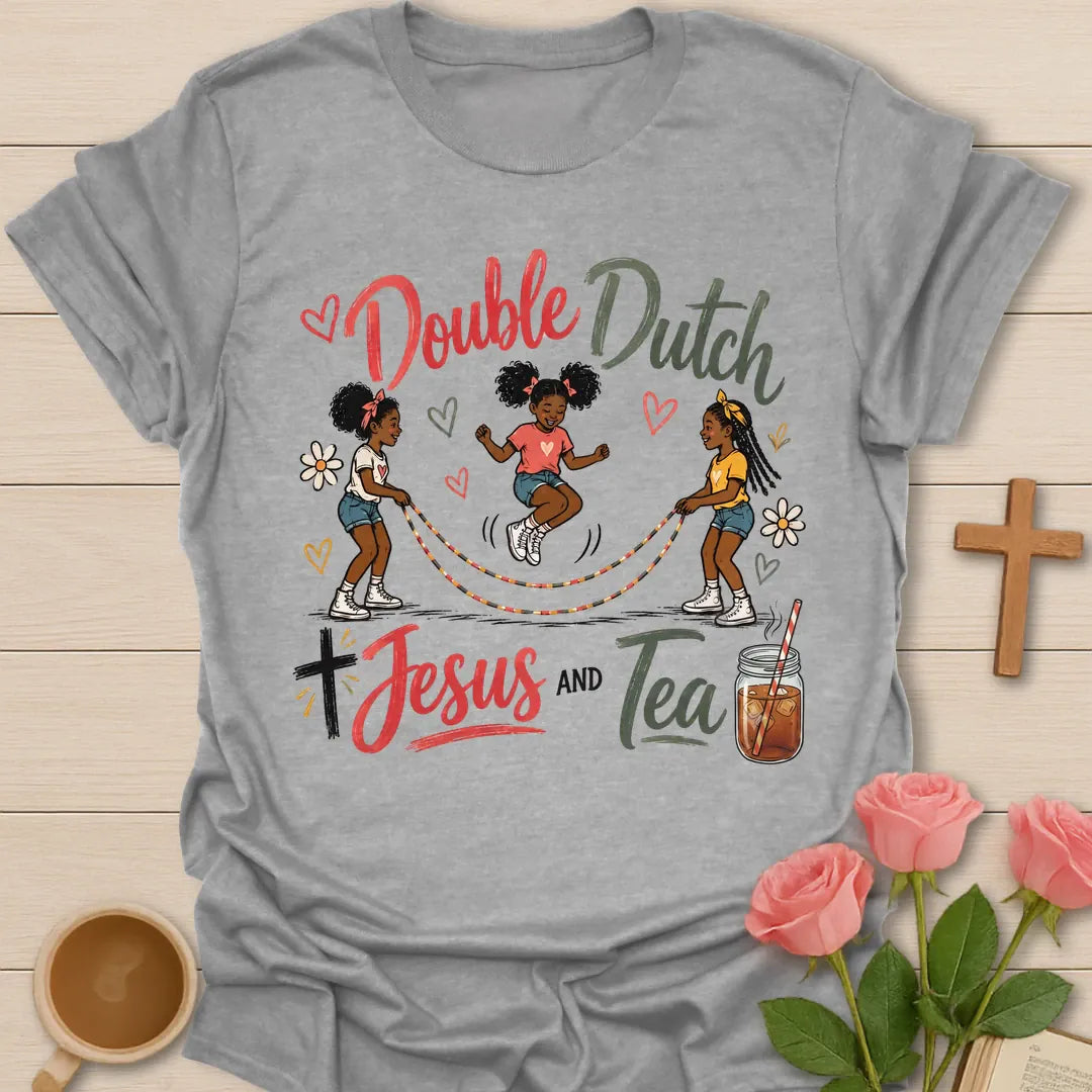 Double Dutch Jesus and Tea shirt with jump rope theme, teacup, faith lettering, hearts, and Christian encouragement design. - Sport Grey