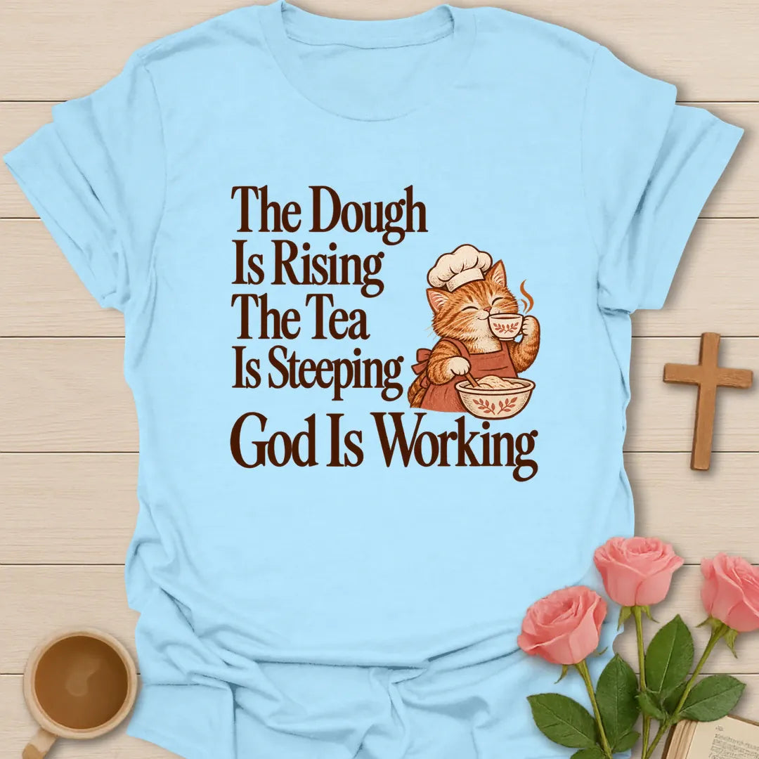 Dough Rising Christian tea shirt with faith-inspired lettering design - Light Blue