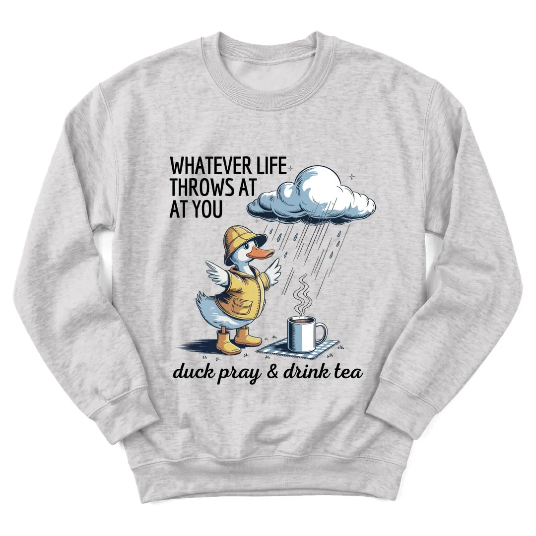 Duck Sip Tea sweatshirt with duck holding a teacup - Ash