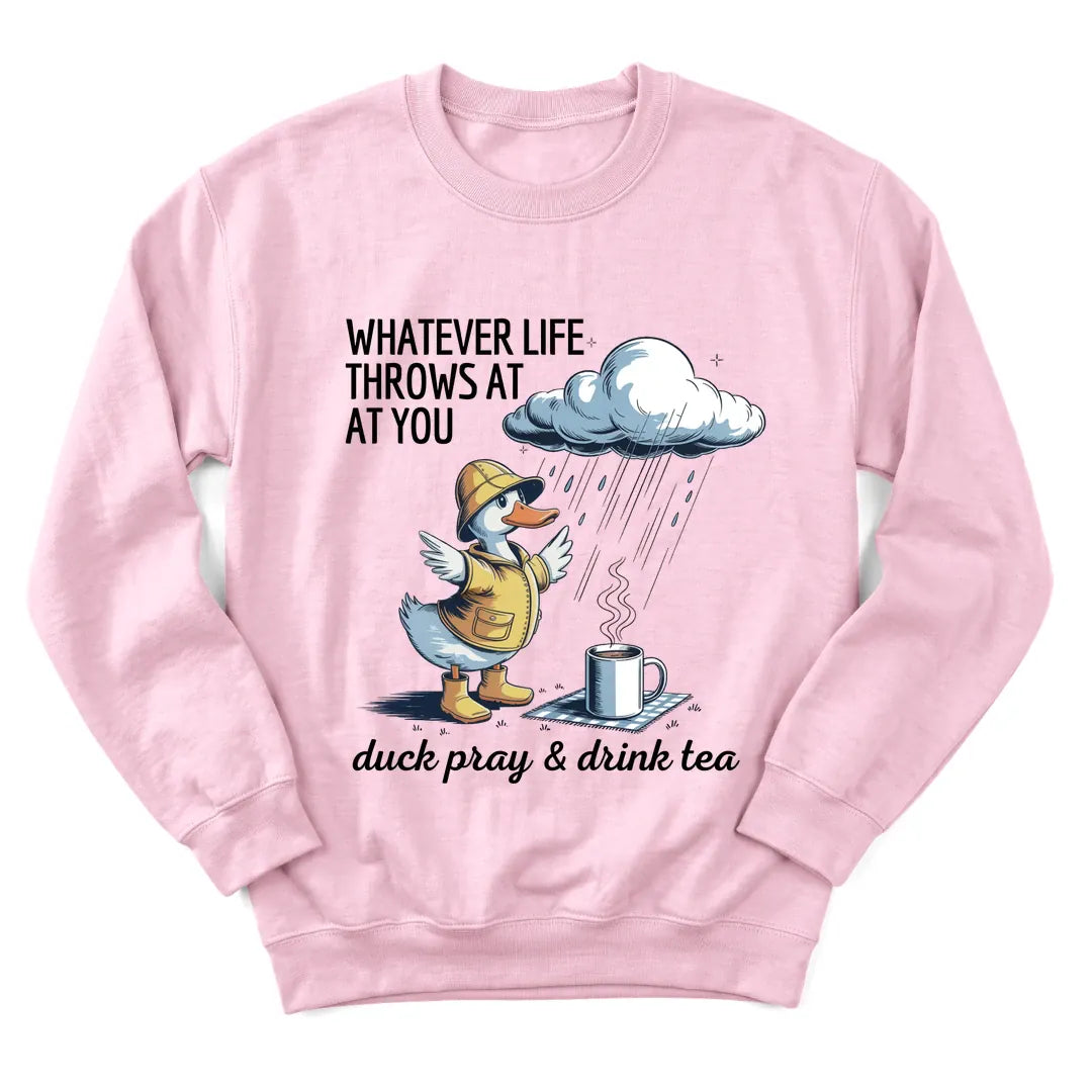 Duck Sip Tea sweatshirt with duck holding a teacup - Light Pink