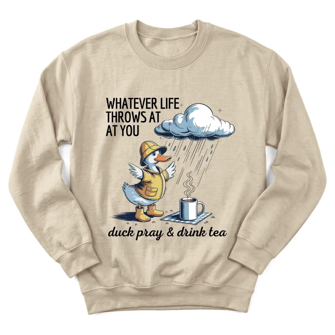 Duck Sip Tea sweatshirt with duck holding a teacup - Sand