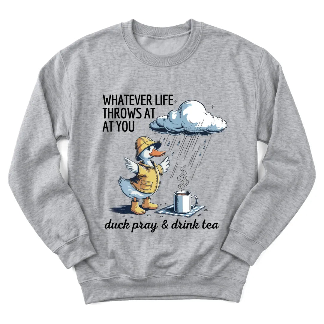 Duck Sip Tea sweatshirt with duck holding a teacup - Sport Grey