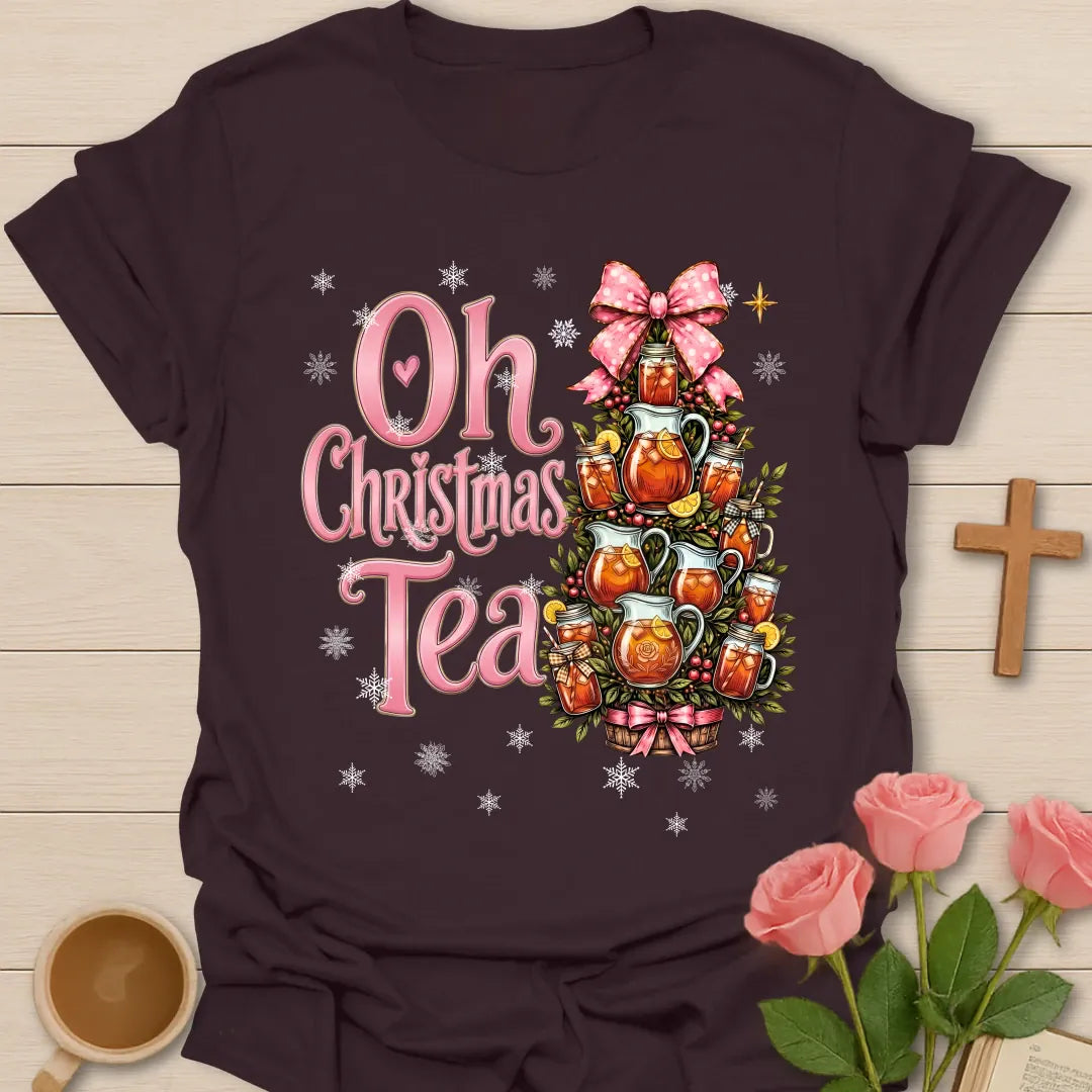 Oh Christmas Sweet Tea Christian t-shirt with festive tea-inspired Christmas design - Dark Chocolate
