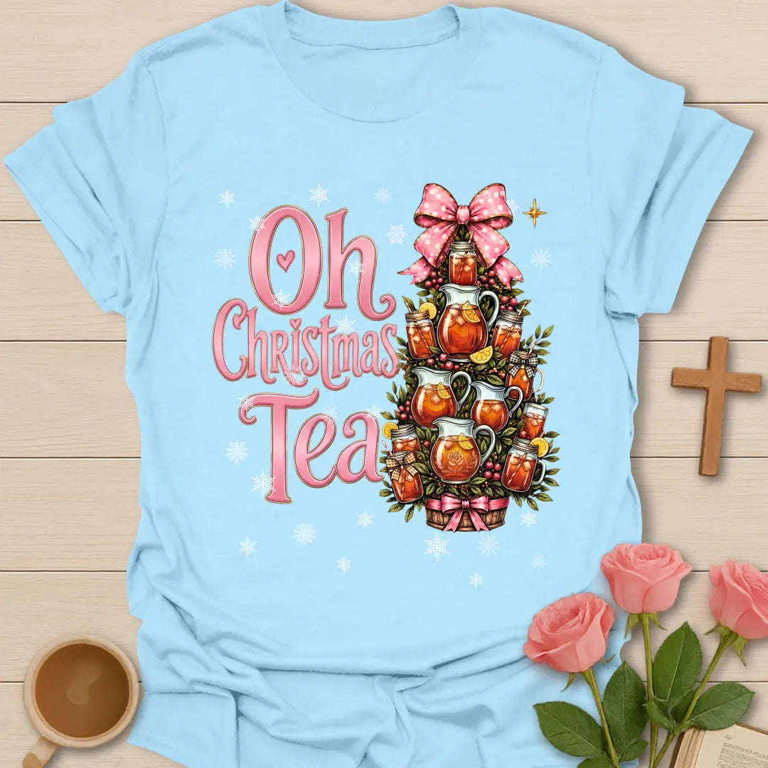 Oh Christmas Sweet Tea Christian t-shirt with festive tea-inspired Christmas design - Light Blue
