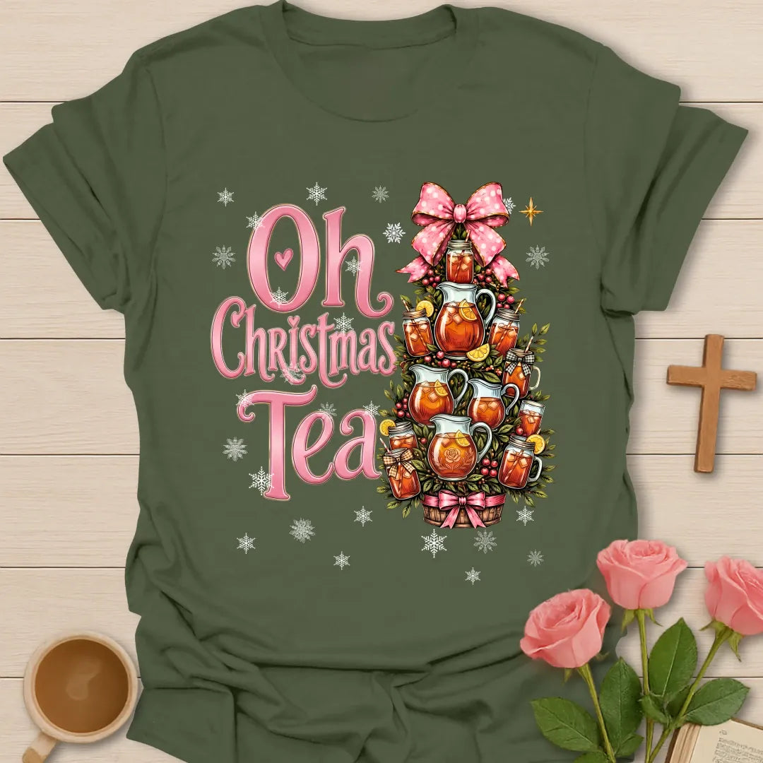 Oh Christmas Sweet Tea Christian t-shirt with festive tea-inspired Christmas design - Military Green