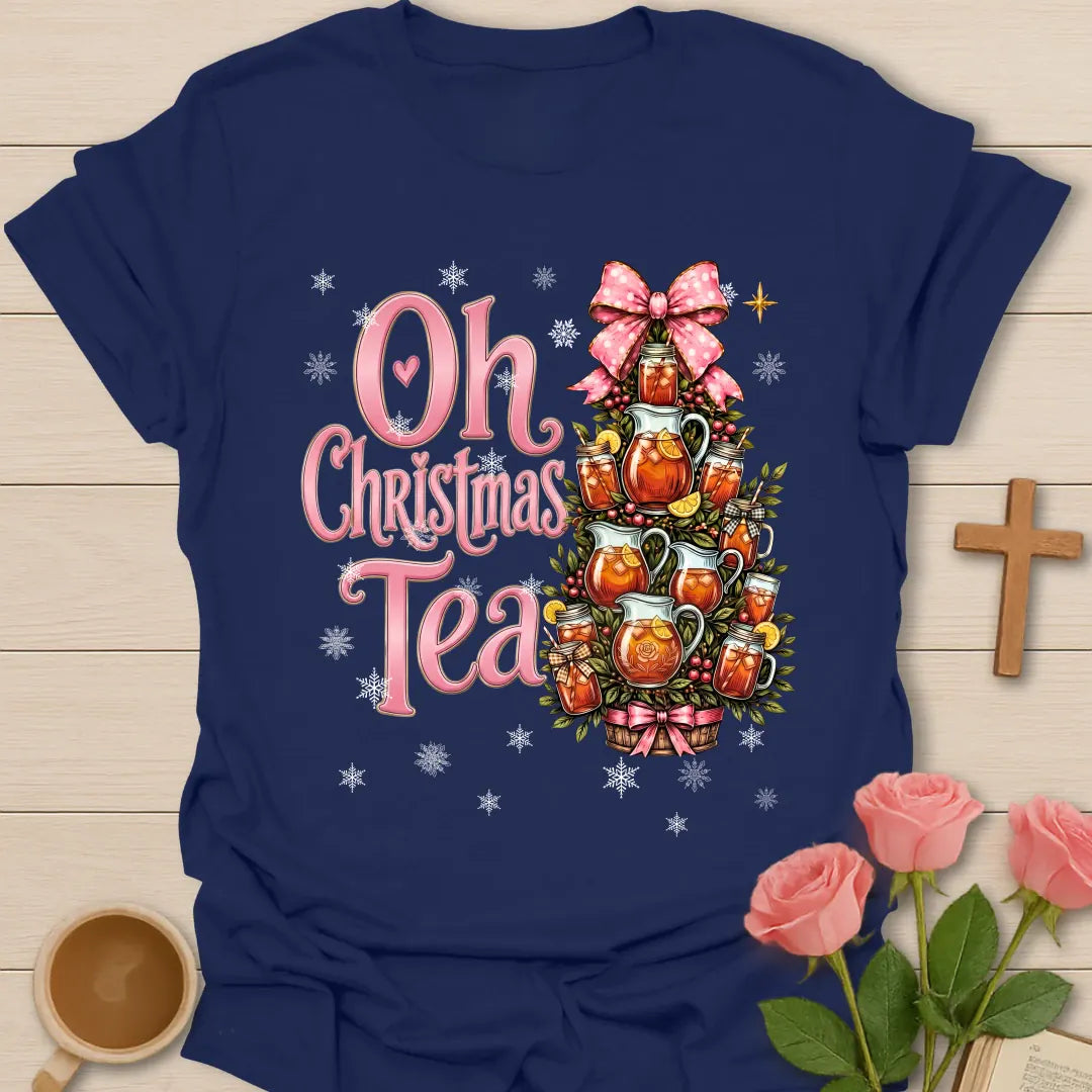 Oh Christmas Sweet Tea Christian t-shirt with festive tea-inspired Christmas design - Navy