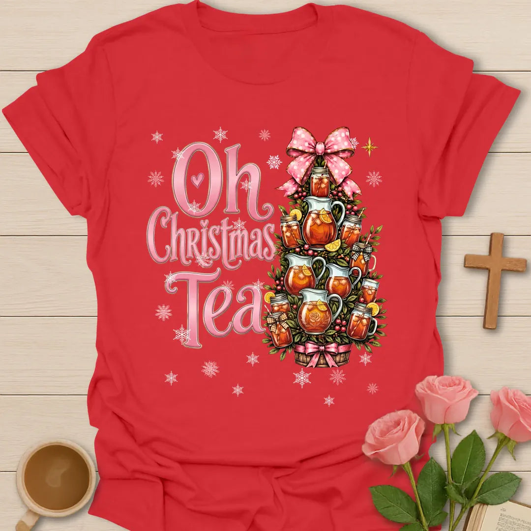 Oh Christmas Sweet Tea Christian t-shirt with festive tea-inspired Christmas design - Red