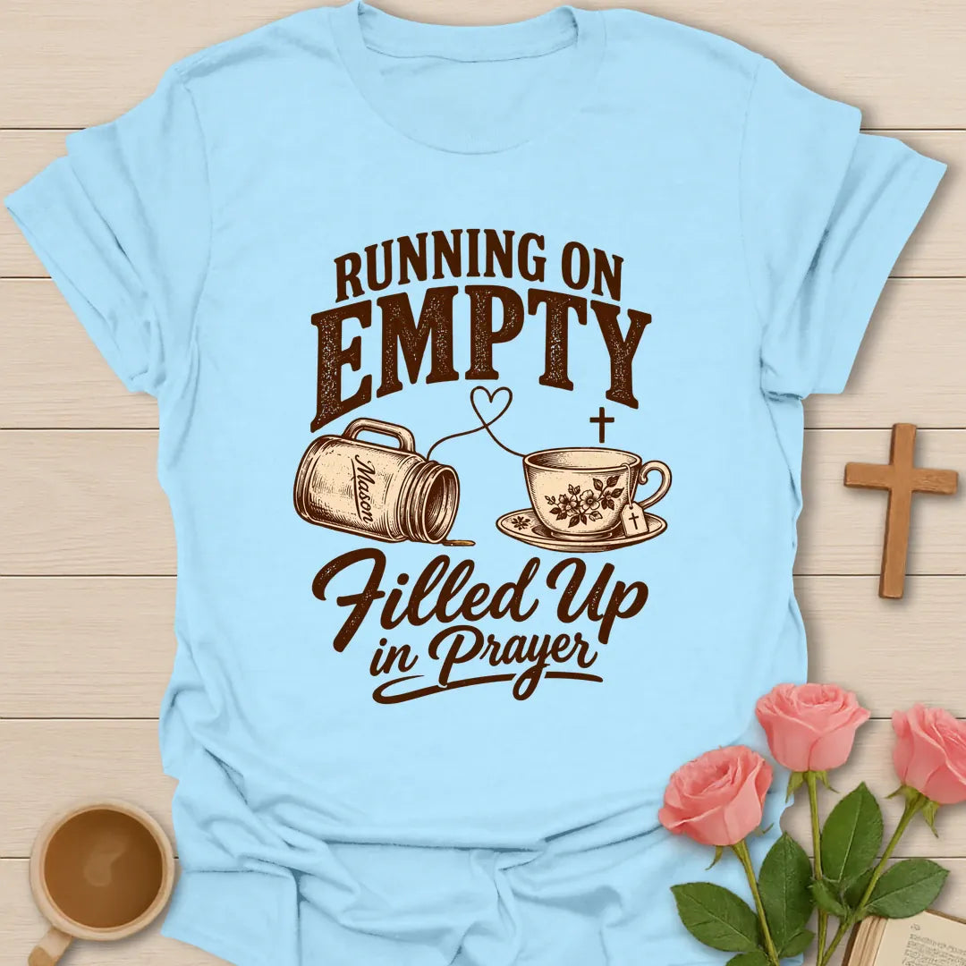 Empty Filled Up t-shirt with tea cup lettering and faith-inspired design - Light Blue