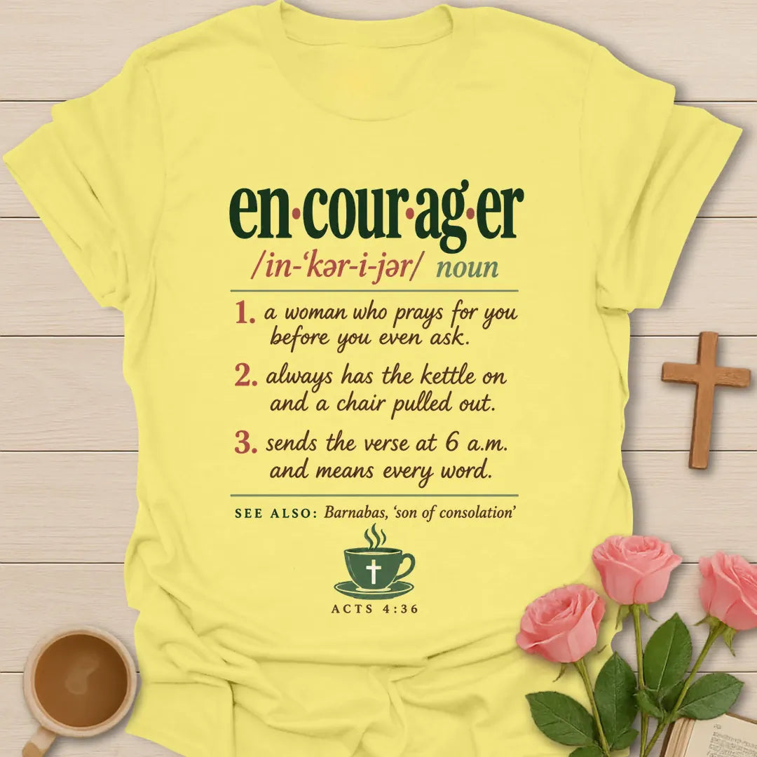Encourager Definition Christian t-shirt with faith-inspired lettering and design - Cornsilk