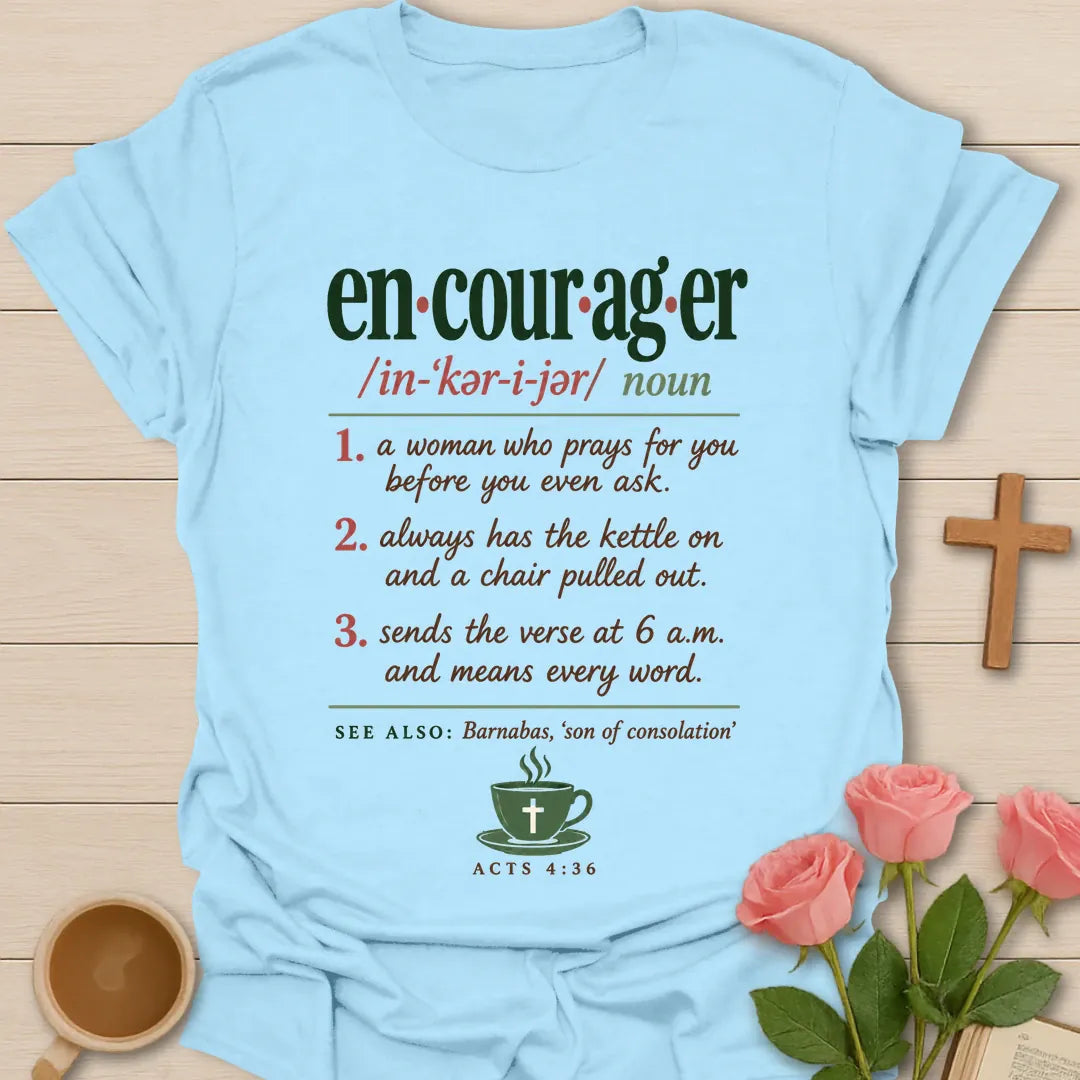 Encourager Definition Christian t-shirt with faith-inspired lettering and design - Light Blue