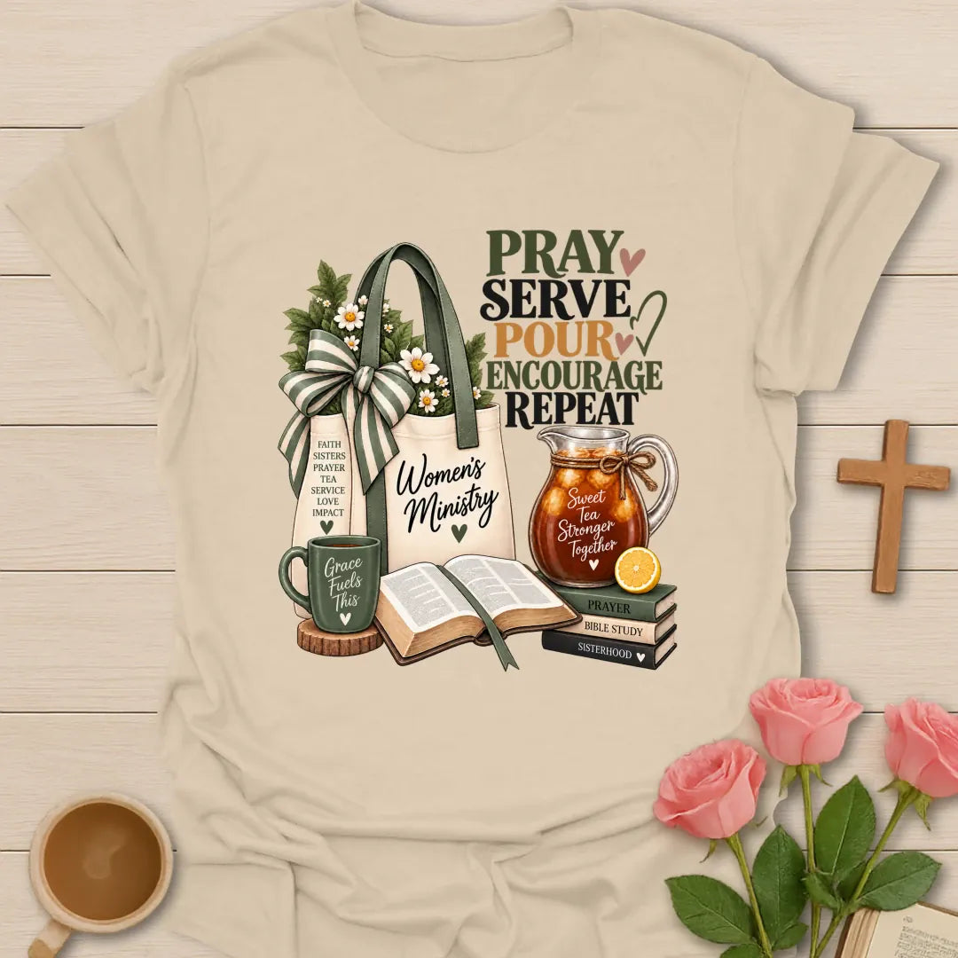 Encouraging Women's Ministry t-shirt with encouraging lettering and faith-inspired design - Sand