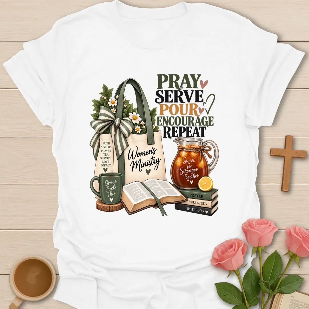 Encouraging Women's Ministry t-shirt with encouraging lettering and faith-inspired design - White