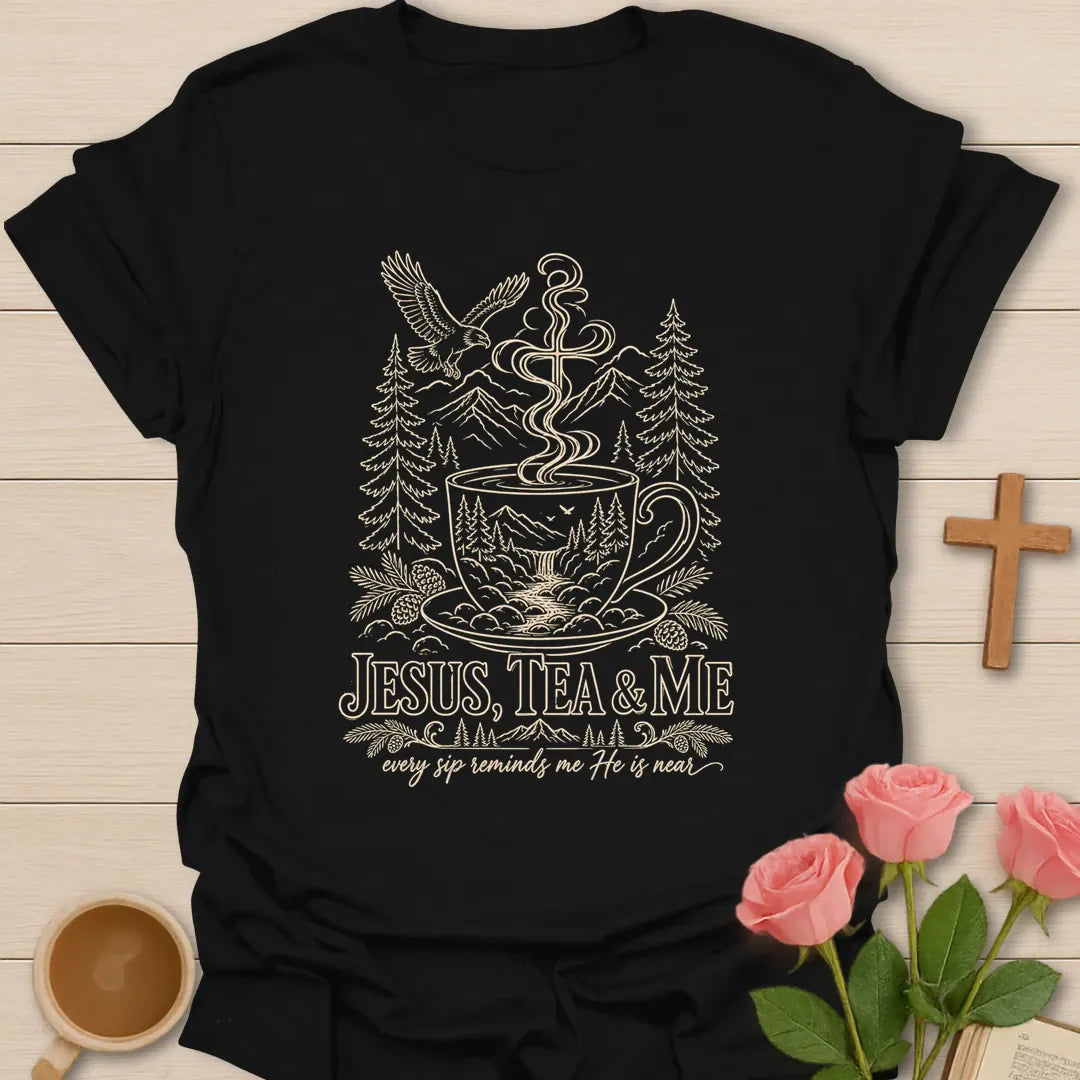 Every Sip Reminds shirt with teacup artwork and faith-inspired lettering. - Black