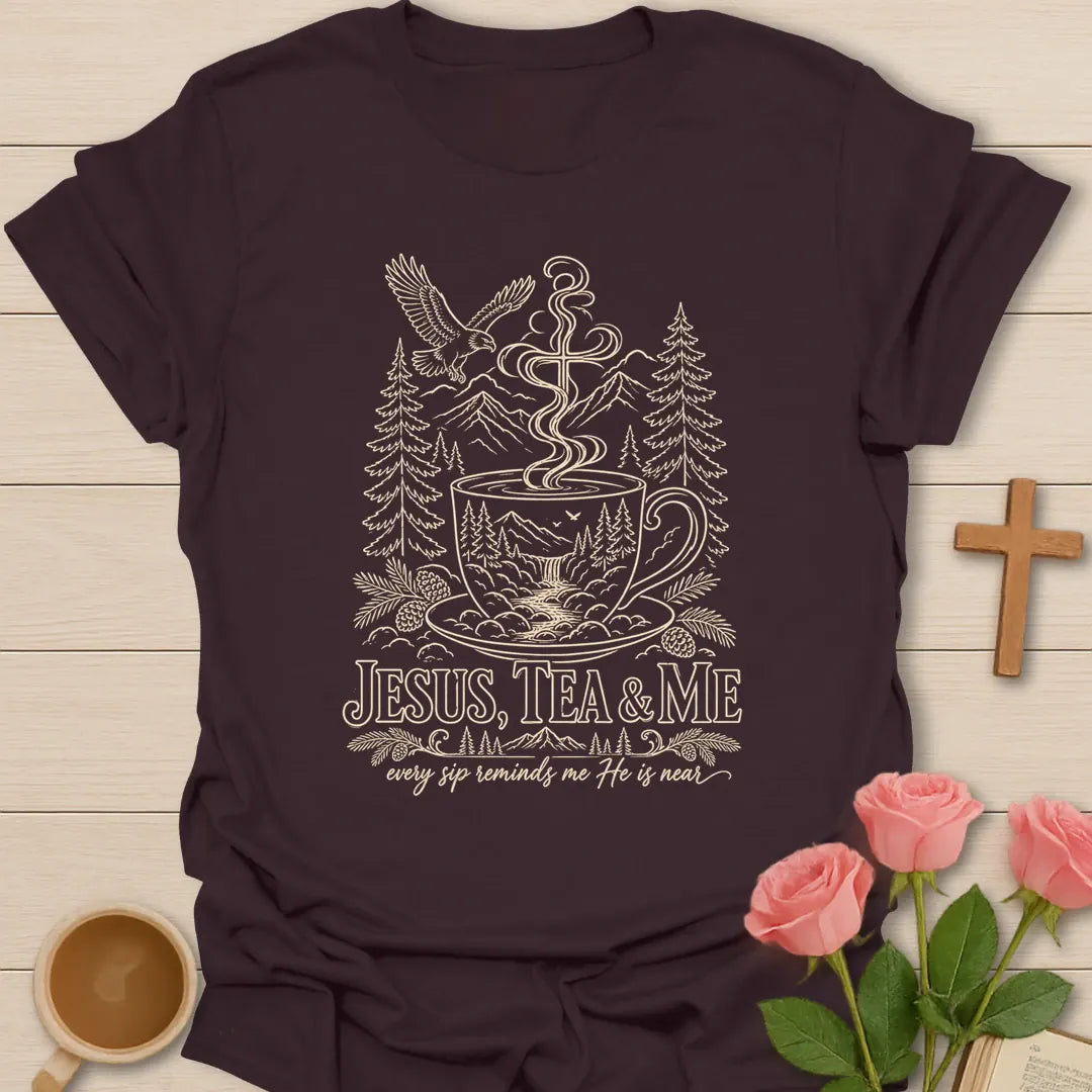 Every Sip Reminds shirt with teacup artwork and faith-inspired lettering. - Dark Chocolate