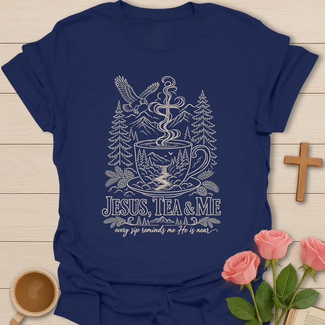 Every Sip Reminds shirt with teacup artwork and faith-inspired lettering. - Navy