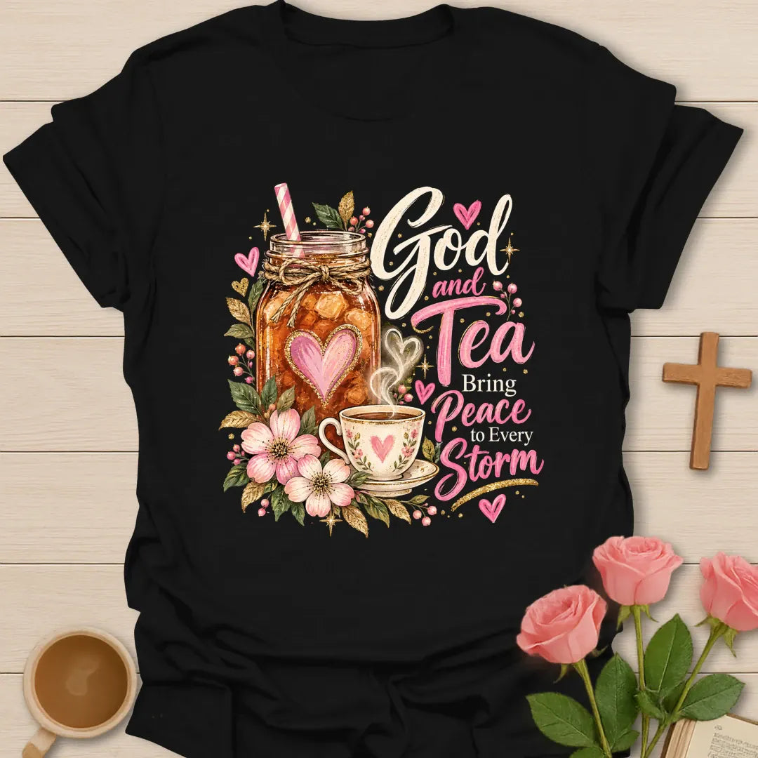 Every Storm faith and tea t-shirt with calming lettering and faith-inspired design. - Black