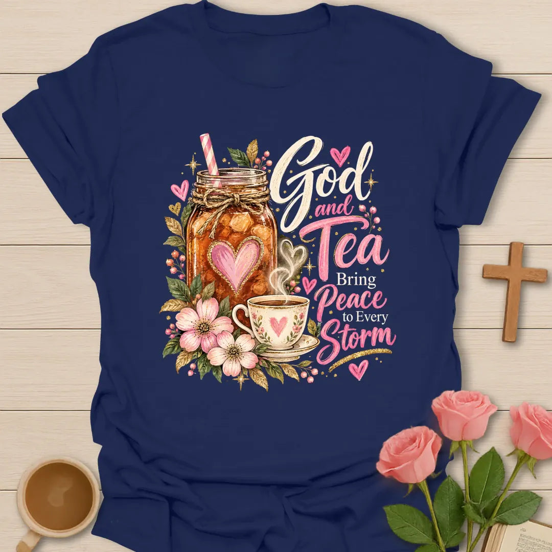 Every Storm faith and tea t-shirt with calming lettering and faith-inspired design. - Navy