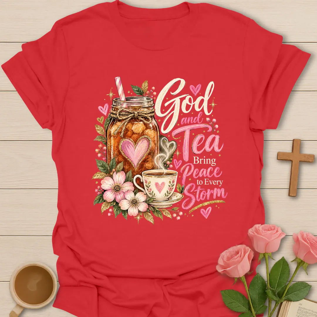 Every Storm faith and tea t-shirt with calming lettering and faith-inspired design. - Red