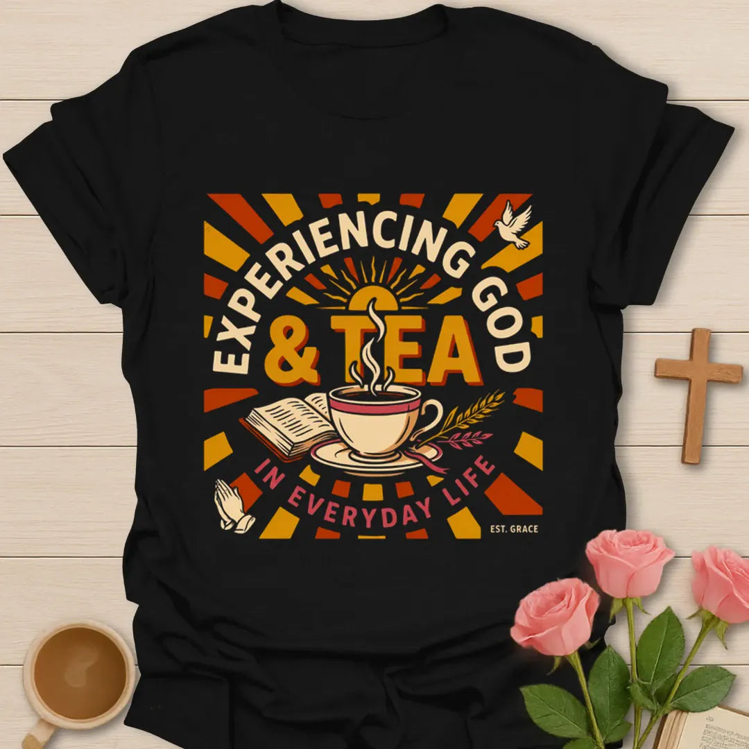 Experiencing God and Tea shirt with teacup, Bible, cross, dove, wheat, praying hands, and retro sunburst - Black
