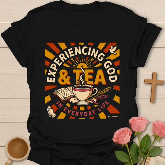Experiencing God and Tea shirt with teacup, Bible, cross, dove, wheat, praying hands, and retro sunburst - Black