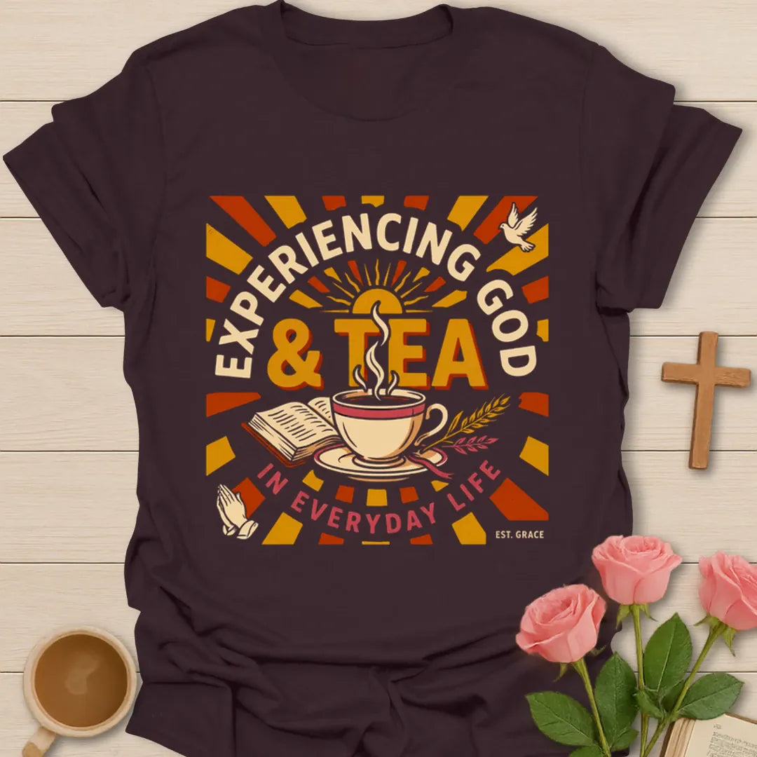 Experiencing God and Tea shirt with teacup, Bible, cross, dove, wheat, praying hands, and retro sunburst - Dark Chocolate