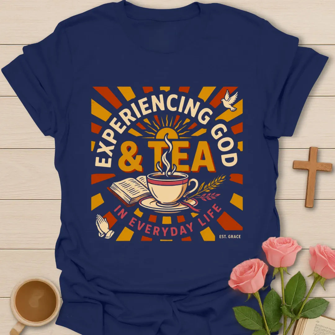 Experiencing God and Tea shirt with teacup, Bible, cross, dove, wheat, praying hands, and retro sunburst - Navy