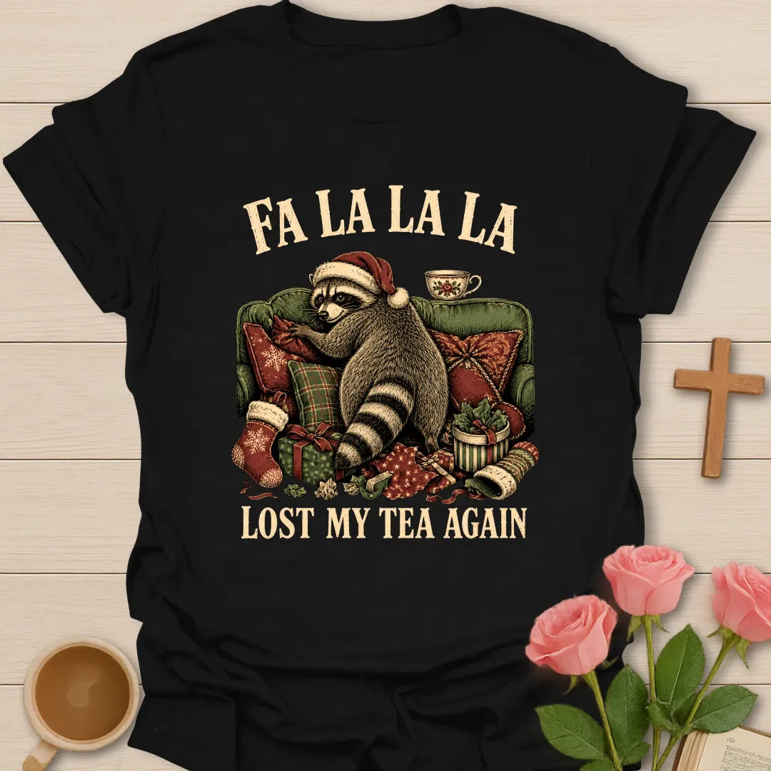 Fa La La La Raccoon Christmas shirt with a playful festive raccoon - Black