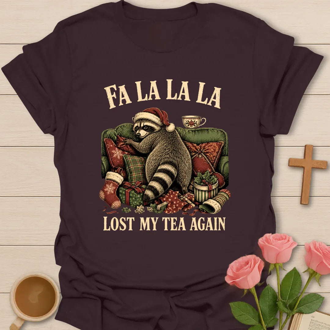 Fa La La La Raccoon Christmas shirt with a playful festive raccoon - Dark Chocolate