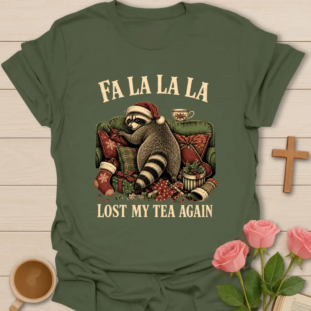 Fa La La La Raccoon Christmas shirt with a playful festive raccoon - Military Green