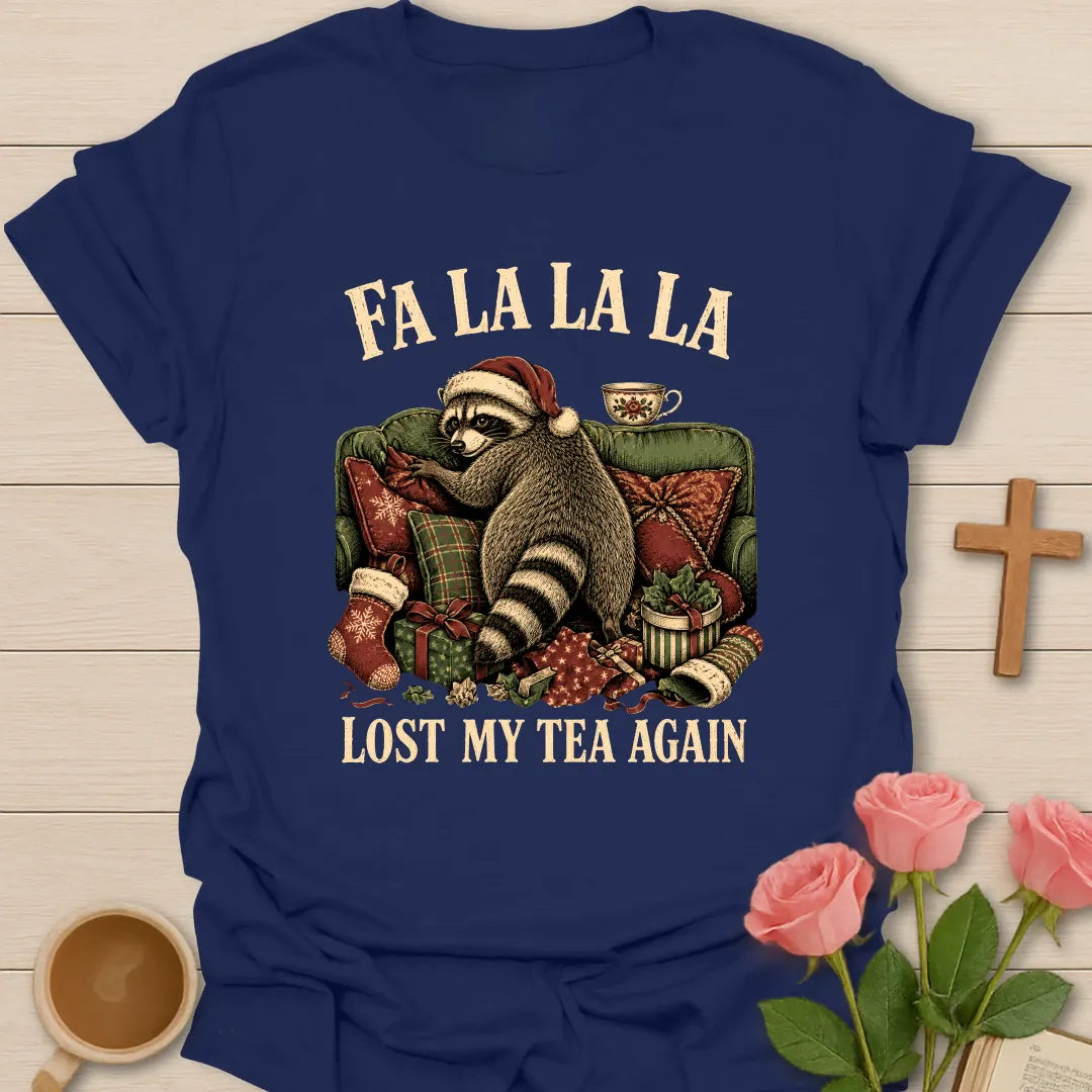 Fa La La La Raccoon Christmas shirt with a playful festive raccoon - Navy