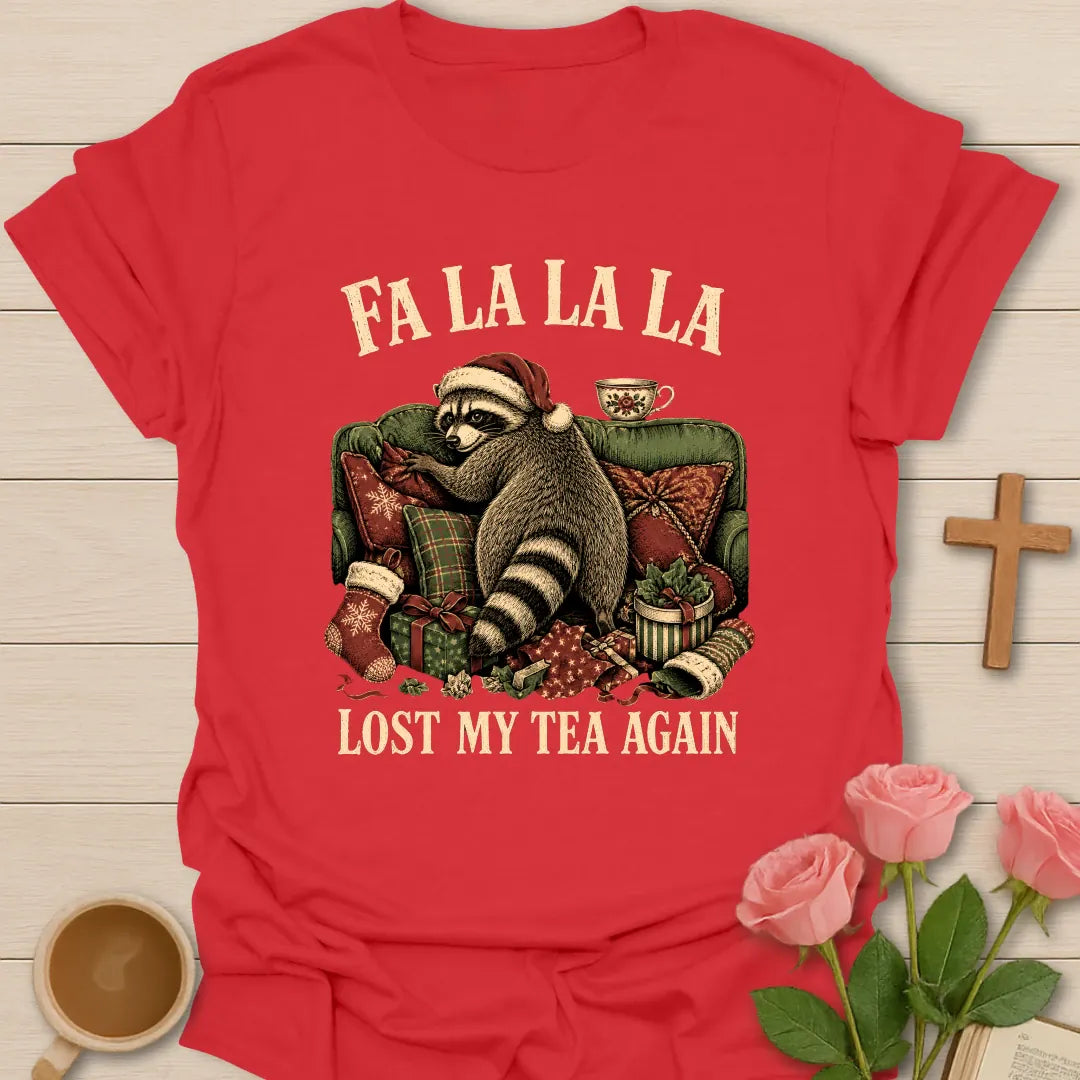 Fa La La La Raccoon Christmas shirt with a playful festive raccoon - Red