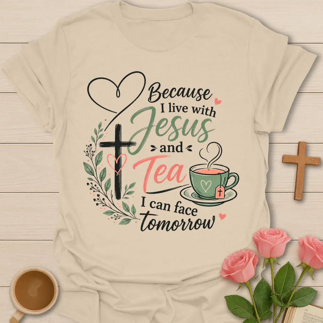 Facing Tomorrow Christian tea shirt with Jesus and tea theme, cross, hearts, flowers, and encouragement lettering. - Sand