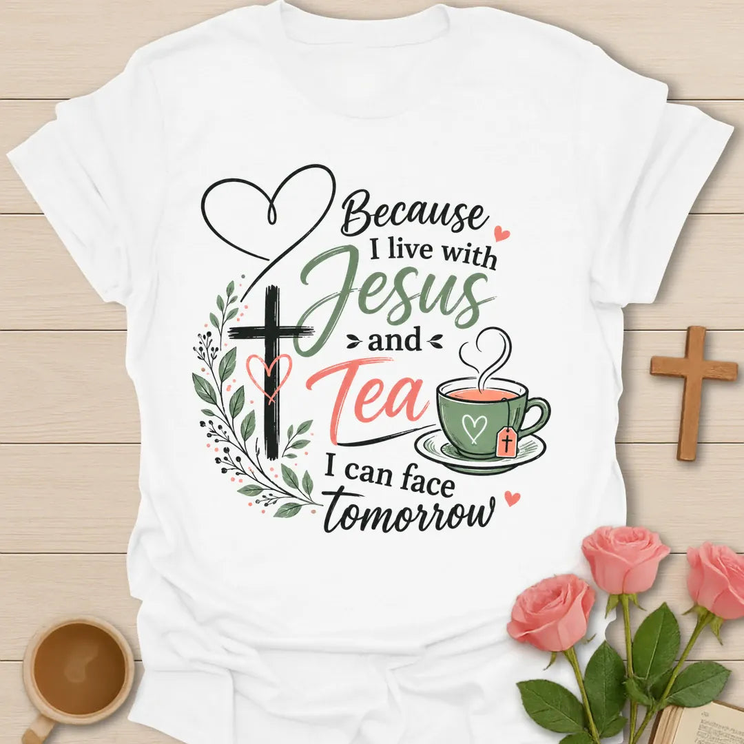 Facing Tomorrow Christian tea shirt with Jesus and tea theme, cross, hearts, flowers, and encouragement lettering. - White