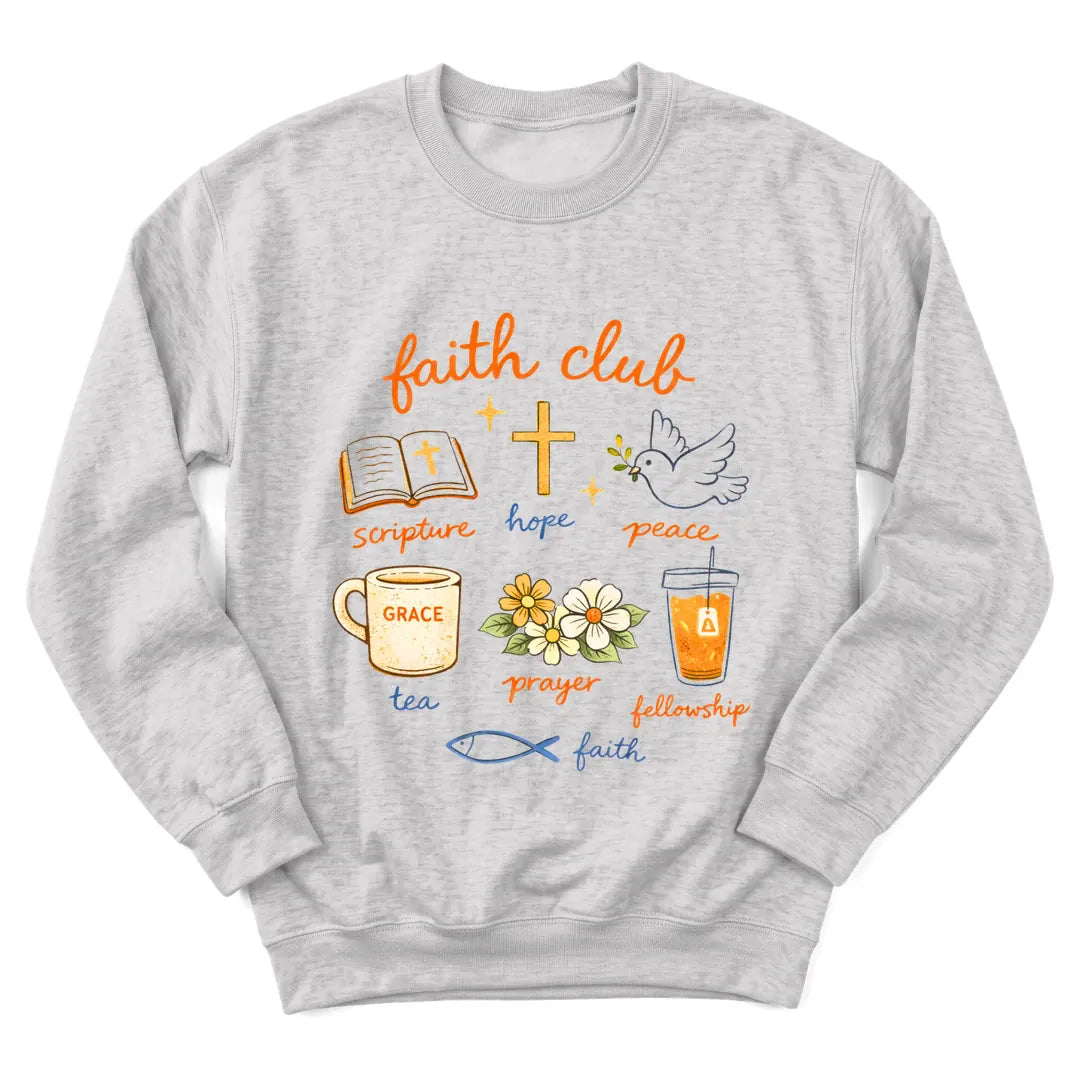 Faith Club sweatshirt with club badge lettering, cross and teacup - Ash