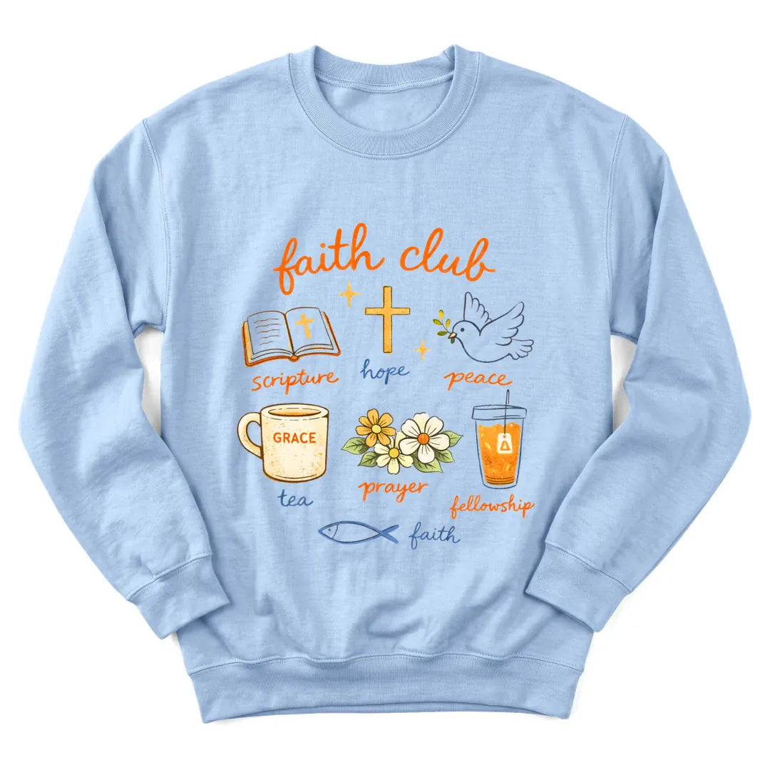Faith Club sweatshirt with club badge lettering, cross and teacup - Light Blue