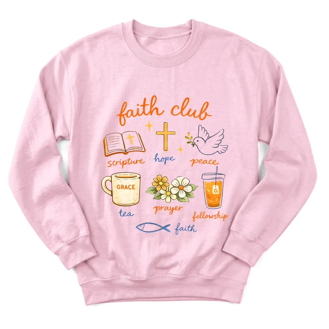 Faith Club sweatshirt with club badge lettering, cross and teacup - Light Pink