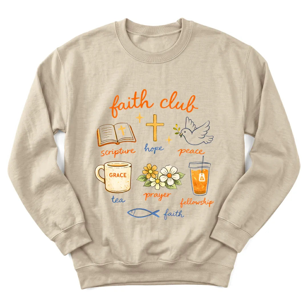 Faith Club sweatshirt with club badge lettering, cross and teacup - Sand