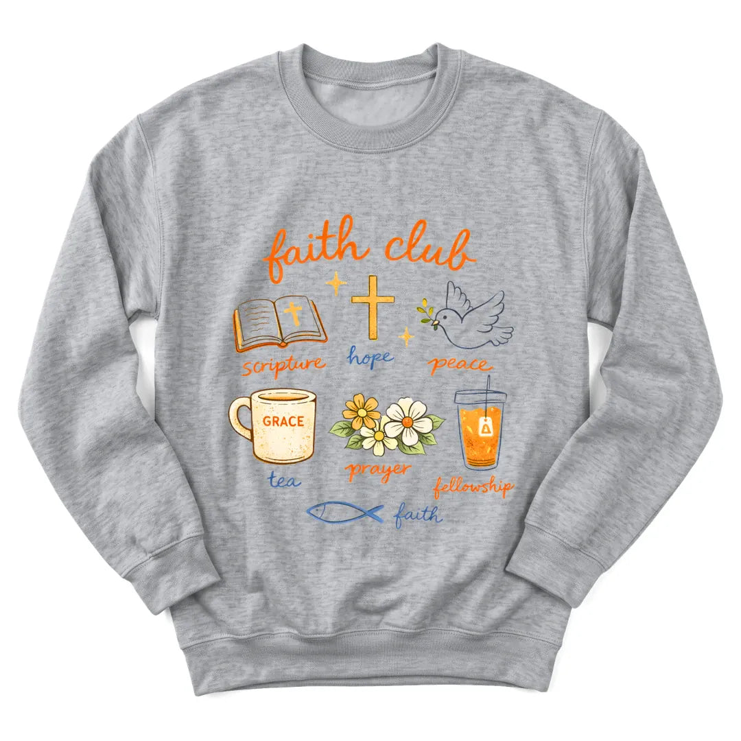Faith Club sweatshirt with club badge lettering, cross and teacup - Sport Grey