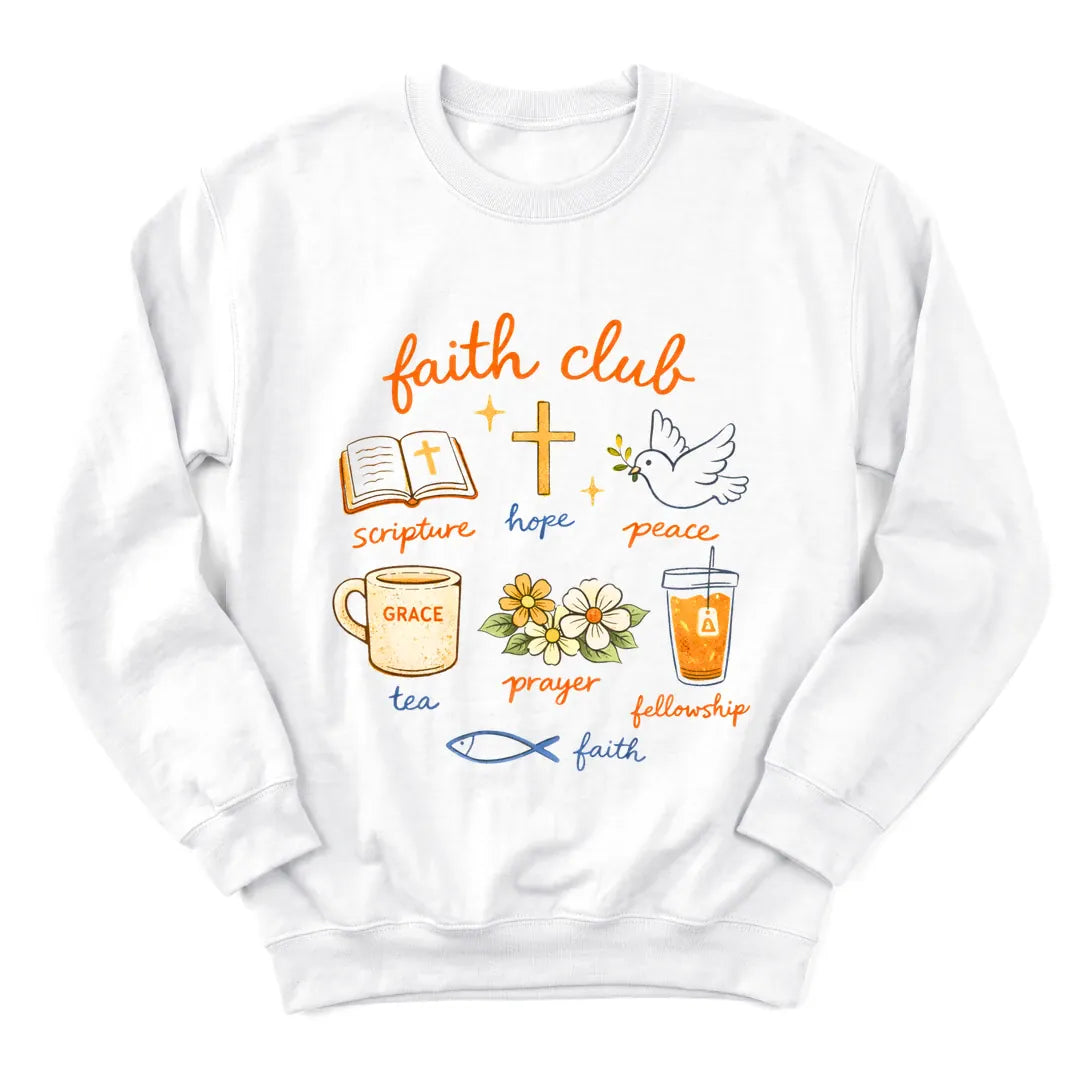 Faith Club sweatshirt with club badge lettering, cross and teacup - White