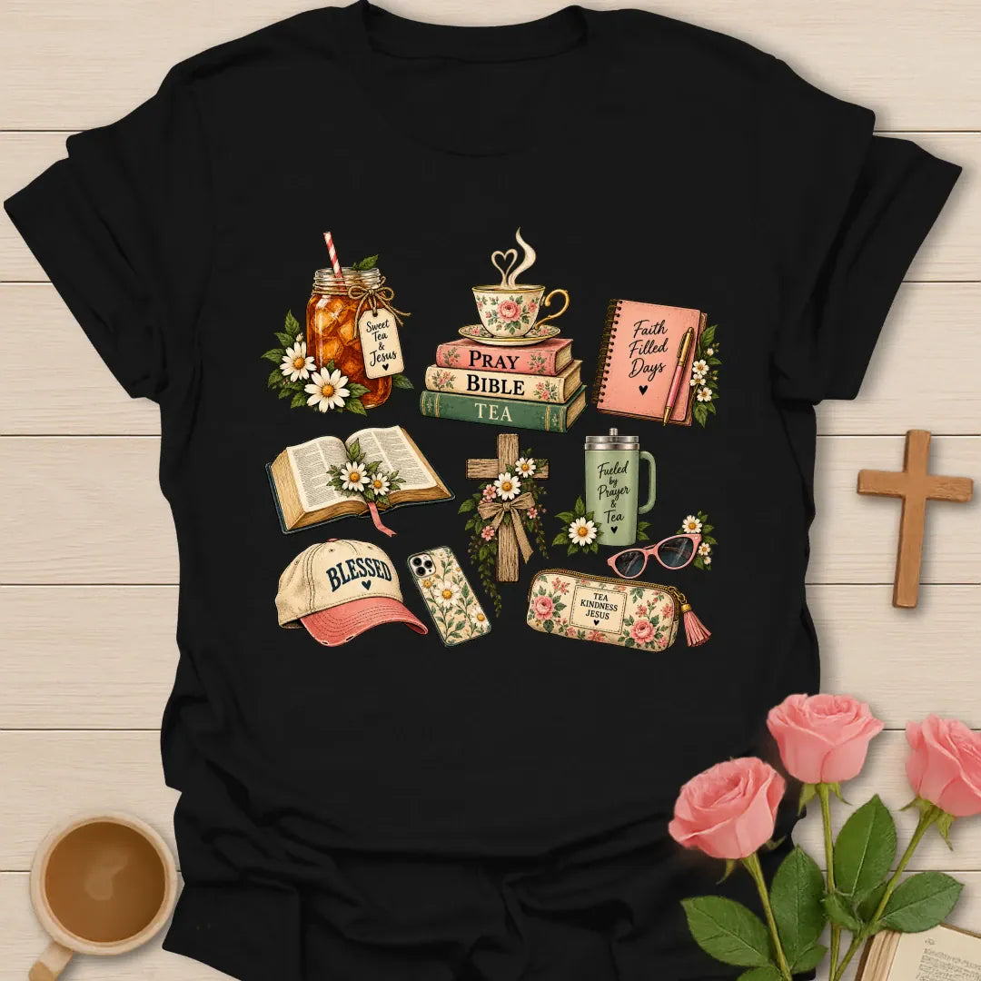 Faith Filled Day t-shirt with a floral collage of a sweet tea jar, Pray Bible Tea book stack, Faith Filled Days journal, open Bible, cross, Fueled By Prayer & Tea tumbler and Blessed cap - Black
