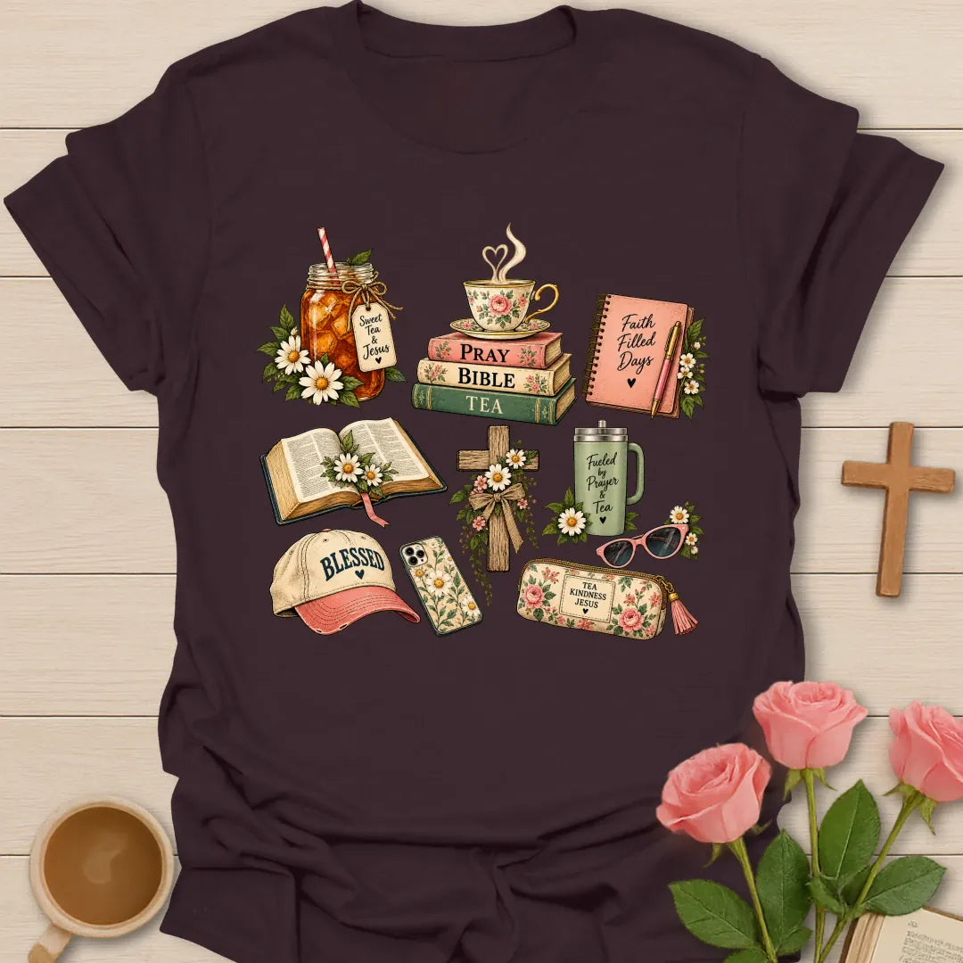Faith Filled Day t-shirt with a floral collage of a sweet tea jar, Pray Bible Tea book stack, Faith Filled Days journal, open Bible, cross, Fueled By Prayer & Tea tumbler and Blessed cap - Dark Chocolate