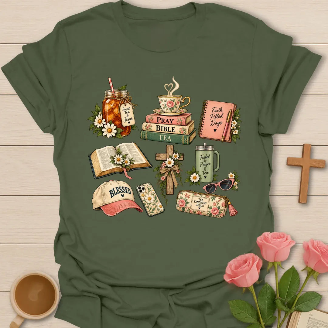 Faith Filled Day t-shirt with a floral collage of a sweet tea jar, Pray Bible Tea book stack, Faith Filled Days journal, open Bible, cross, Fueled By Prayer & Tea tumbler and Blessed cap - Military Green