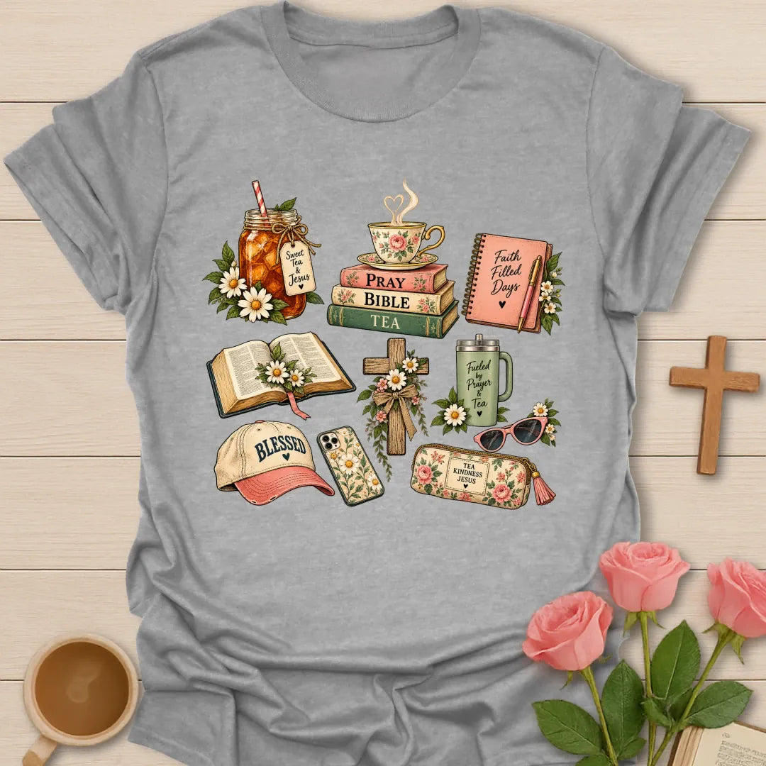 Faith Filled Day t-shirt with a floral collage of a sweet tea jar, Pray Bible Tea book stack, Faith Filled Days journal, open Bible, cross, Fueled By Prayer & Tea tumbler and Blessed cap - Sport Grey
